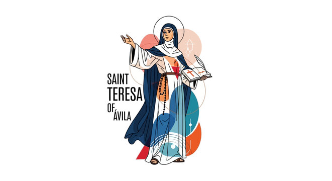 Inspiring Saint Teresa of &Aacute;vila illustrated with artistic flair, perfect for religious education materials and commemorative designs, celebrate faith with this beautiful depiction