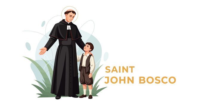 Saint John Bosco, a compassionate figure, guides a young boy with gentle kindness and wisdom, embodying hope and inspiration for a brighter future through education and faith