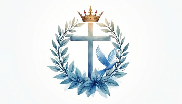 Christian symbols of cross, crown, and dove are arranged with blue foliage. Religious illustration in watercolor style. Faith and spirituality concept graphic. - Powered by Adobe