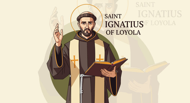 Inspiring Saint Ignatius of Loyola illustration holding book, spreading faith and wisdom, perfect for religious education materials or historical depictions with spiritual impact
