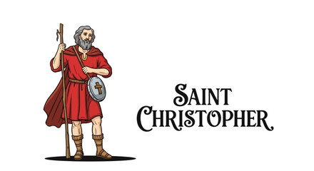 Stunning depiction of Saint Christopher the traveler with staff and pilgrim badge ready for a religious journey or historical project