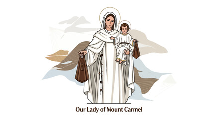 Obraz premium Stunning illustration of Our Lady of Mount Carmel holding the Child Jesus presenting scapulars against a modern mountain backdrop