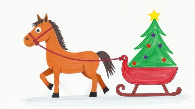 Video A horse pulls a decorated sleigh carrying a large Christmas tree