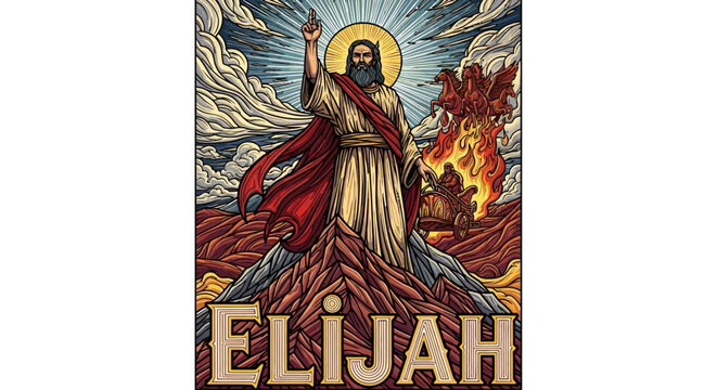 Stunning stylized depiction of the prophet Elijah ascending to heaven in a chariot of fire atop a dramatic mountain landscape