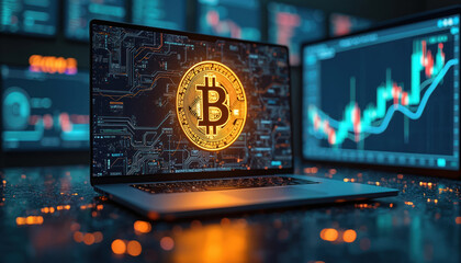 Laptop screen shows glowing bitcoin symbol over circuit board. Adjacent monitor displays finance charts. Digital currency trading concept. Tech background.