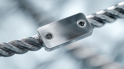 A close-up of a sleek metallic component affixed to twisted wire, highlighting the intricate details and shiny finish against a blurred background.