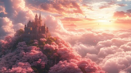 A majestic castle sits atop a misty hilltop, illuminated by golden sunlight. Cherry blossoms create a vibrant foreground, adding a touch of fairytale beauty.