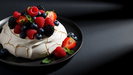Elegant Pavlova Dessert with Fresh Fruits in Gourmet Editorial Style
