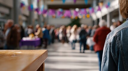 community event, a public plaza or community center hosts a religious freedom event with banners displaying positive messages people are mingling and engaging respectfully in an open, modern, and