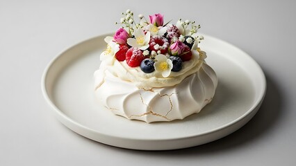 Elegant Pavlova Dessert with Fresh Fruits in Gourmet Editorial Style