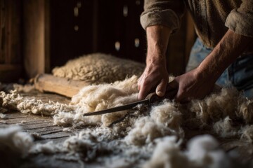 Fototapeta premium Hands shear raw wool from a fleece on a wooden surface preparing fibers for crafting.
