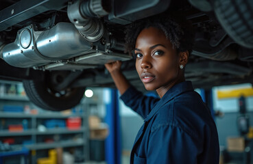 African American woman mechanic performs auto service. Works underneath lifted vehicle, carefully inspecting chassis, engine parts in clean modern repair shop. Female technician expertly fixes