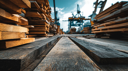 A vibrant perspective of stacked wooden planks in a lumber yard with equipment in the background, showcasing texture and warmth against a bright sky.
