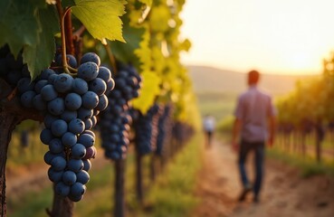 Ripe dark grapes hang on vine in sunlit vineyard during harvest season. Workers walk along path between rows of grapevines. Rural autumn landscape at sunset.