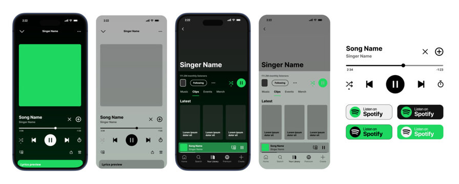 Spotify Music Player layout showing song, library, lyrics view, play controls, and Listen on Spotify logo in detailed modern streaming interface vector illustration