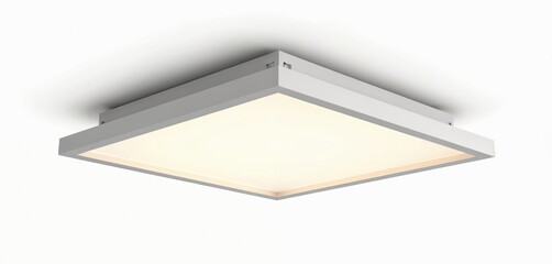 Square led ceiling light fixture on white background. Modern illuminated office interior element. White ceiling panel lamp with bright energy efficient lighting system.