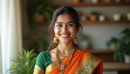 Indian woman smiles wearing traditional orange saree. She has dark hair beautiful jewelry. The photo showcases Indian culture beauty fashion expression.