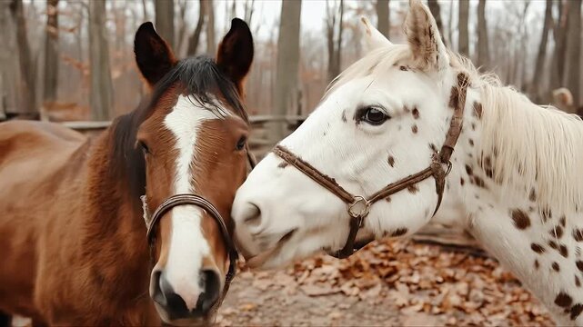 Two horses standing together in a field, looking at the camera.
