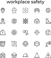 Work Safety icon set representing key elements like PPE, risk assessment, emergency response, hazard control, and workplace safety policies. Ideal
