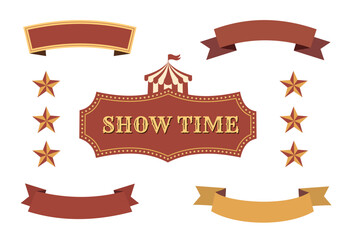 Vintage circus &ldquo;Show Time&rdquo; label with banners and stars. Ideal for posters, event designs, party invitations, and retro graphics. Vector illustration
