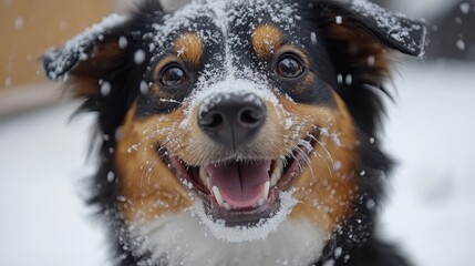 A heartwarming close-up portrait of a dog's face covered in snow, capturing a joyful expression with its mouth open and tongue playfully extended.