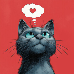 Black Cat Thinking about Love / Red Heart in a Thought Bubble 