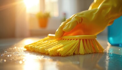 Close-up photo of hand in yellow glove cleaning surface using brush. Household maintenance cleaning concept. Sunlight highlights cleaning process. Water droplets present. Cleanliness and hygiene.