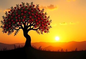 Amidst a golden sunset, a magnificent tree laden with vibrant red fruit stands in the Garden of Eden, symbolizing knowledge of good and evil, inviting curiosity and contemplation Generative AI