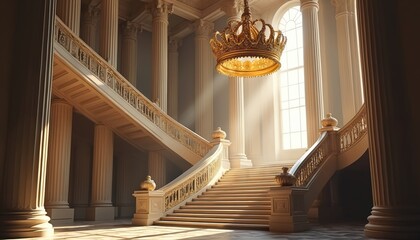 Golden crown hangs above grand staircase in majestic palace interior. Sunlight streams through window onto classic columns, ornate hall. Regal building with luxurious historic architecture, opulent