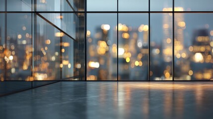 Fototapeta premium The scene shows an empty room with floor to ceiling glass windows. Outside city lights sparkle in the evening. The sky is turning dark with a few lights in the distance.