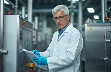 Mature man in lab coat checks papers near industrial equipment in food factory. Expert worker wearing blue gloves inspects machine controls. Scientist conducts quality assurance in production