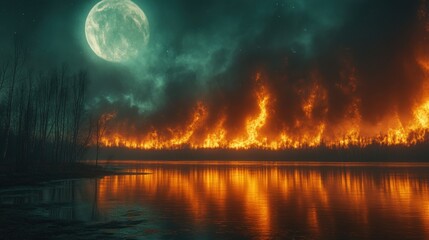 Naklejka premium A dramatic and evocative image of a forest ablaze with orange and red hues, illuminated by a full moon in a dark, expansive sky. Creates a sense of mystery and wonder.
