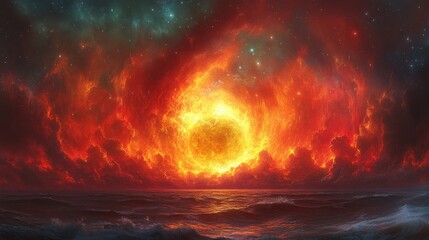 A breathtaking sunset paints the ocean with vibrant fiery hues, while a scattering of stars adds a touch of magic to the night sky. A serene and beautiful scene.