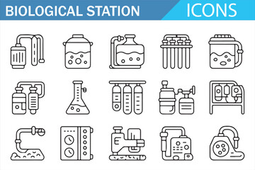 Biotech lab equipment and science symbols line icon collection