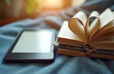 E-book reader tablet with blank screen next to paper books. Pages of one old volume folded into heart shape. Concept of choosing between modern digital reading, classic literature, showing love for