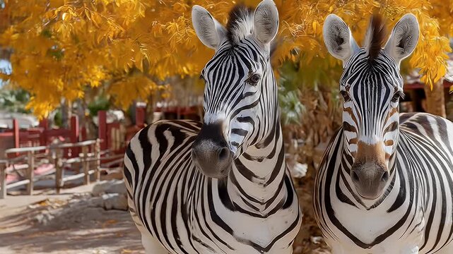 Two zebras posing together in front of a tree with yellow leaves.