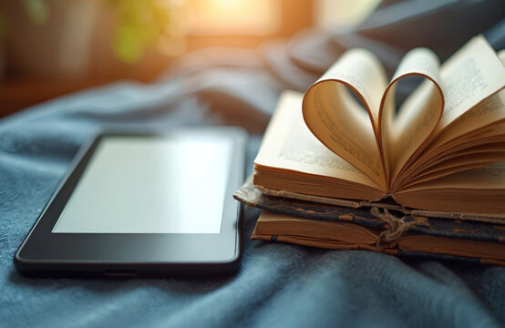 E-book reader tablet with blank screen next to paper books. Pages of one old volume folded into heart shape. Concept of choosing between modern digital reading, classic literature, showing love for - Powered by Adobe