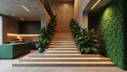 Contemporary interior design features striking concrete staircase with integrated lighting. Rich green plants line stairs, large vertical garden wall. Minimalist kitchen with dark cabinetry, island