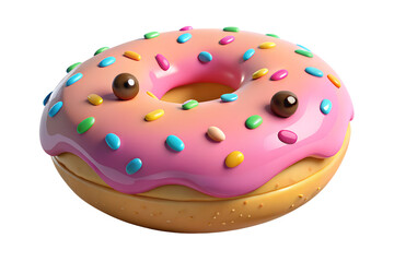 Colorful pink donut with sprinkles and chocolate eyes on black
