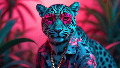 Blue leopard wears pink sunglasses, floral shirt, gold chain. Trendy animal fashion with cool style poses in vibrant neon jungle with bright tropical plants. Summer party vibe digital art