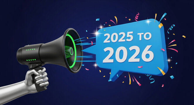 Silver hand holding black megaphone with green detail, emitting a blue speech bubble with "2025 to 2026", confetti. Announcing change, message, future - Powered by Adobe