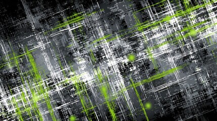 Abstract textured background with intersecting neon green and white lines.