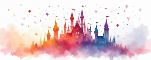 Obraz premium Watercolor painting shows magical castles with tall towers, flags. Vibrant colorful clouds spread below. Bright stars twinkle in clear white sky. Fantastic dream landscape. Fairy tale kingdom