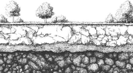 Black and white abstract textured background with horizontal layers and cracked patterns vector. cross section illustration of soil layers with grass and water vector. © Towhidul