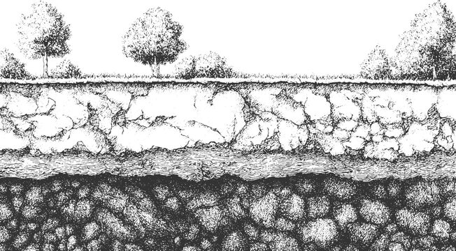 Black and white abstract textured background with horizontal layers and cracked patterns vector. cross section illustration of soil layers with grass and water vector.