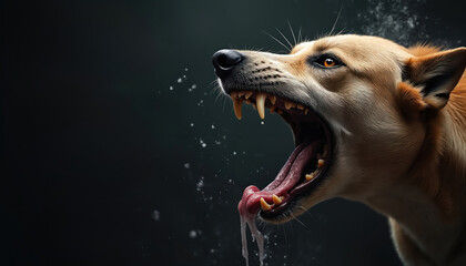 Aggressive dog shows teeth and drools, possibly rabid. Danger alert for infectious disease, animal bite prevention needed. Warning sign for pet owners and public health.