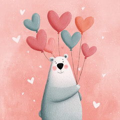 gracioso dibujo con oso polar blanco llevando globos coloridos en forma de corazon sobre fondo rosa pastel