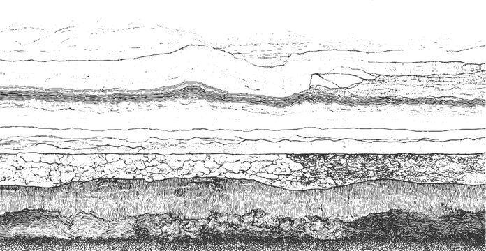 Black and white line drawing of layered geological strata and pebble texture abstract background. Black and white cross section of geological strata with varied textures and lines abstract background 