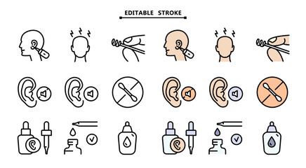 Personal hygiene routine and care. Editable stroke. Essential icons representing various ear treatments and care, including cleaning, medication, and medical interventions.