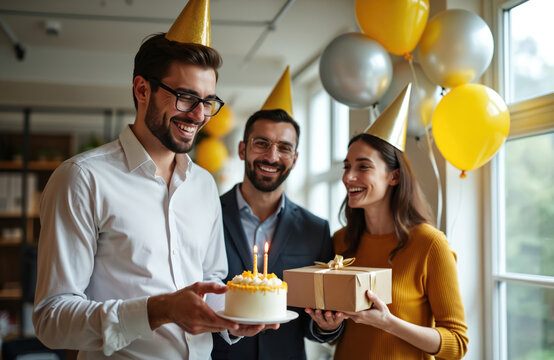 Man holding birthday cake with lit candles near smiling coworkers in office. People celebrate event with gift and party hats. Team enjoys festive moment with balloons decoration background. - Powered by Adobe